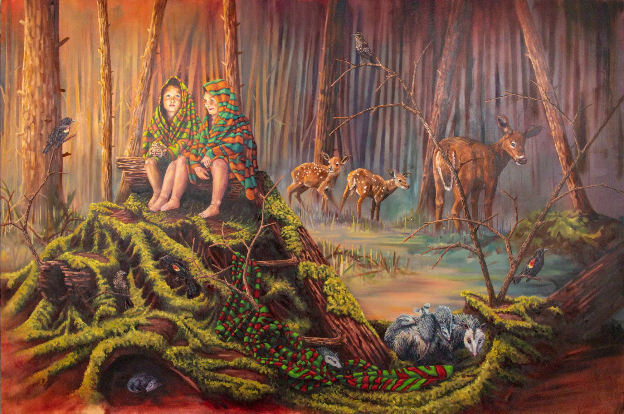 Painting of two young children sitting on a mossy mound surrounded by forest trees and animals.